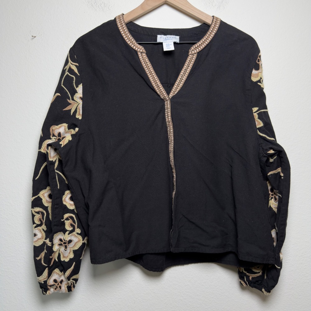 Calypso St. Barth Women Cotton Flax Blouse XL Black Floral Embroidered V-Neck - Picture 2 of 7
